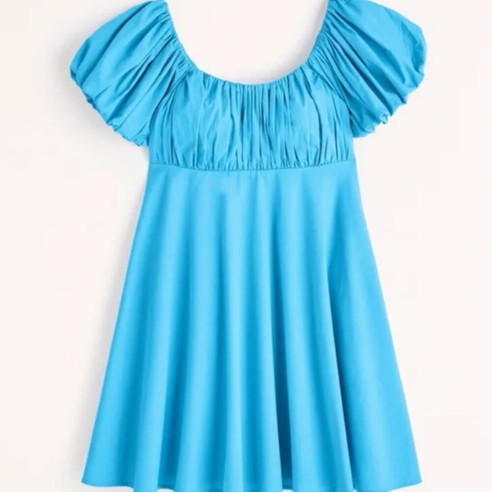 NWT- Abercrombie Ruched Puff Sleeve Mini Dress - Blue - XS